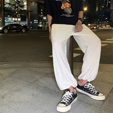 港风夏男休闲百褶裤冰丝抽绳系带九分裤h90P35，男装休闲裤，星座1013-1