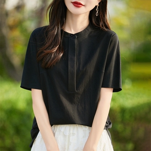 天丝棉麻立领短袖衬衫女夏季新款简约纯色百搭半开领半袖宽松上衣图片