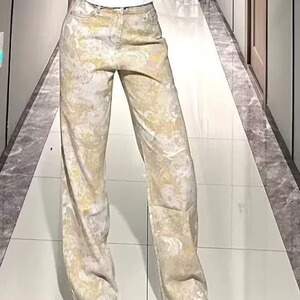 设计感复古扎染印花牛仔裤女夏季2025新款高腰显瘦独特设计拖地裤图片