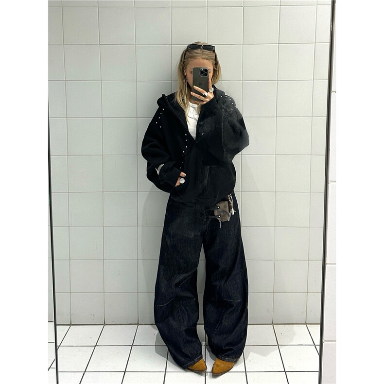 铆钉杜宾犬耳连帽卫衣女秋美式潮牌宽松慵懒外套上衣WB513-P64,女装短外套,星座412-3