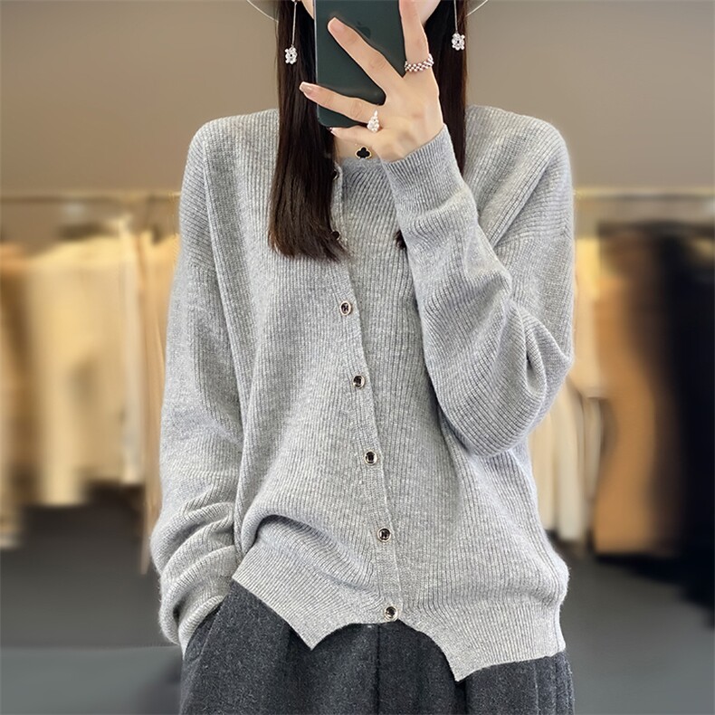百搭纯色时尚圆领开衫秋冬新款不规则显瘦针织衫,针织衫/毛衣,佳绒包芯纱店