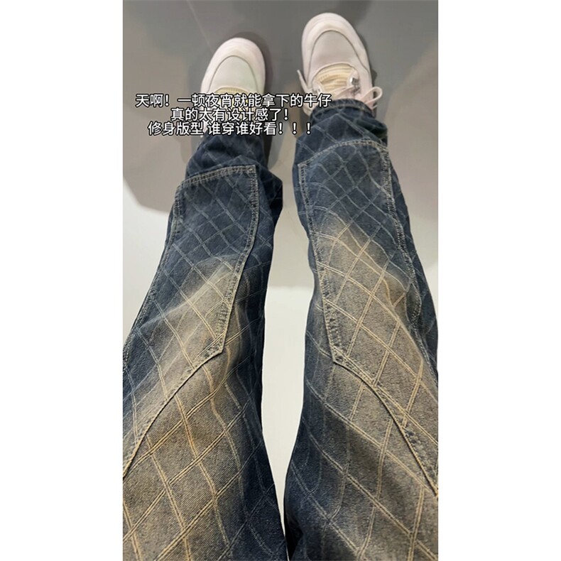 B221美式ins高街小众格子提花直筒牛仔裤LK24382-特P52控88,男装牛仔裤,电商B221