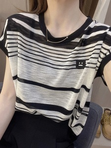 条纹冰丝短袖T恤女夏季2025新款宽松薄款大码女装上衣服爆款女装,女装T恤,斯美雅安迪绒