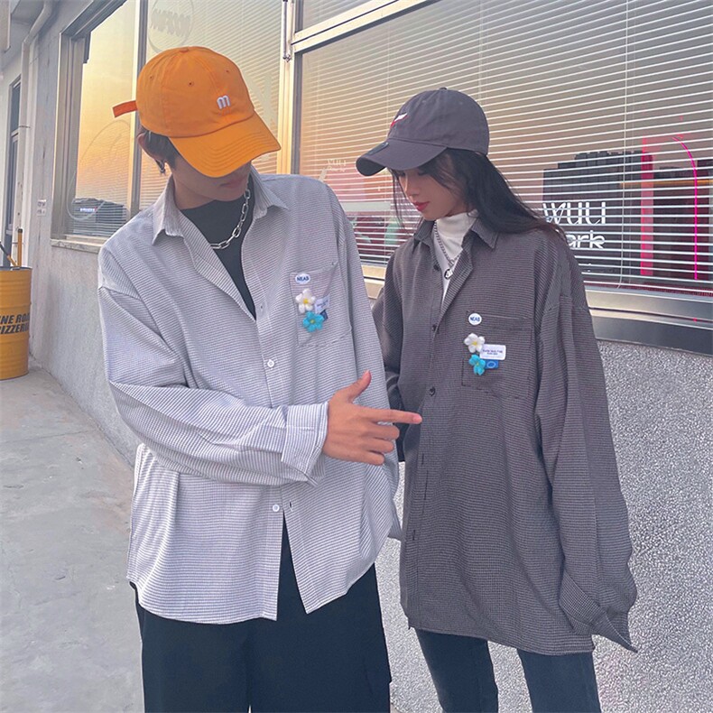 港风ins格子衬衫男宽松潮流设计感潮牌炸街情侣休闲衬衣W644-P40,男装衬衫,星座512-2