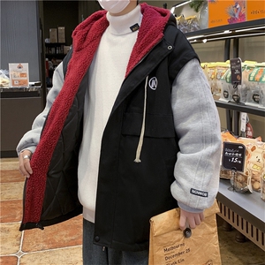 假两件连帽服外套冬季加绒加厚ins美式潮牌拼接袄图片