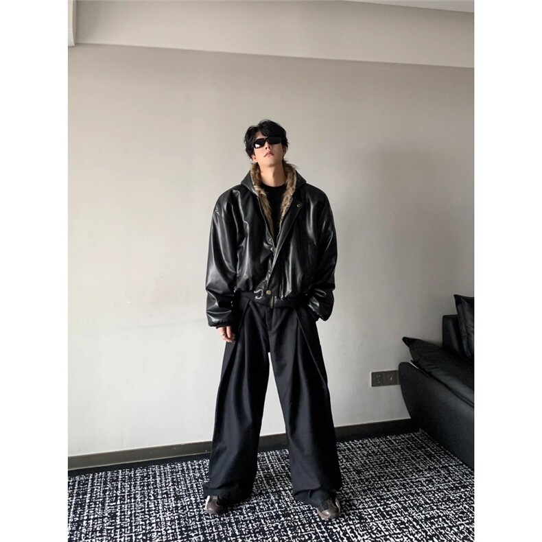 美式复古小众连帽皮草夹克男女bomber短款皮衣外套双面穿加厚棉服,男装夹克,星座715-4