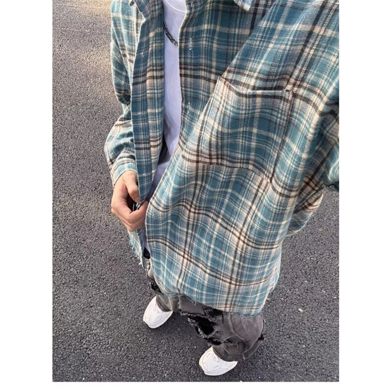 美式复古毛边格子衬衫男女高级感长袖春秋季垂感翻领衬衣痞帅外套,男装衬衫,星座506A