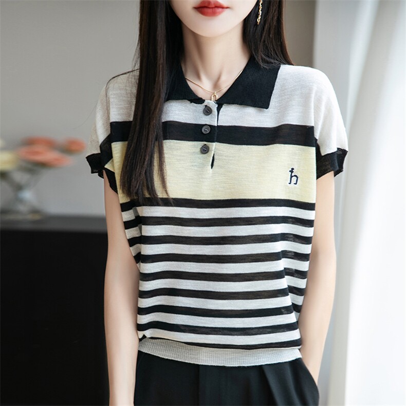 夏季翻领撞色条纹短袖T恤女竹节麻休闲Polo领套头针织半袖上衣潮,女装T恤,菲奥羊绒