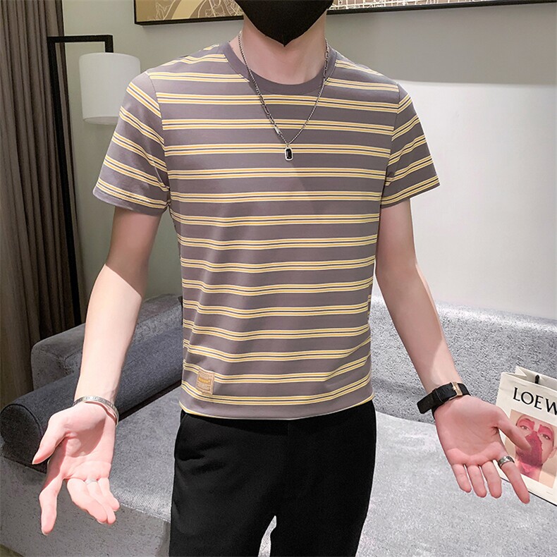 卡其夏装青年圆领条纹痞帅体恤男休闲上衣男士T301A-1/T38/P45,男装T恤,星座301A-1