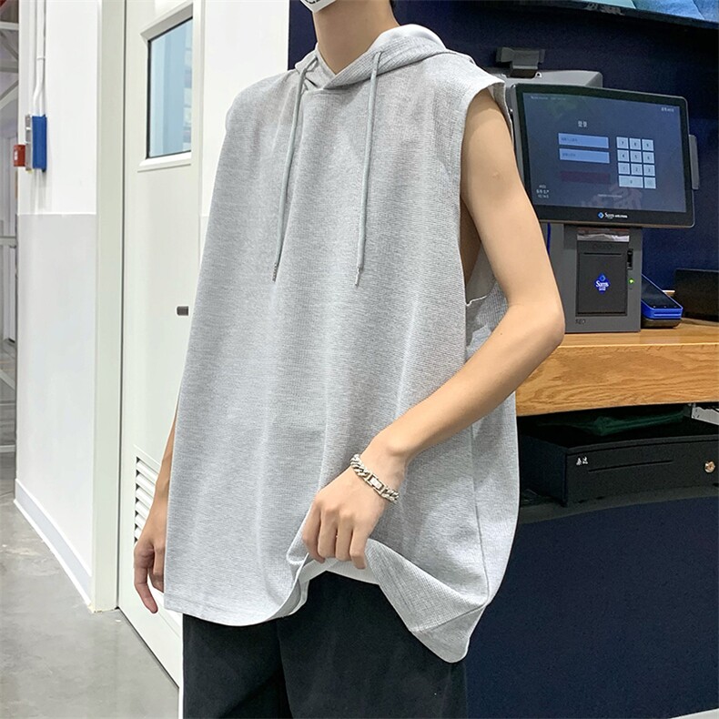 华夫格连帽背心男生夏季宽松ins潮流运动无袖T恤坎肩-BX103~p25,男装T恤,星座601-2