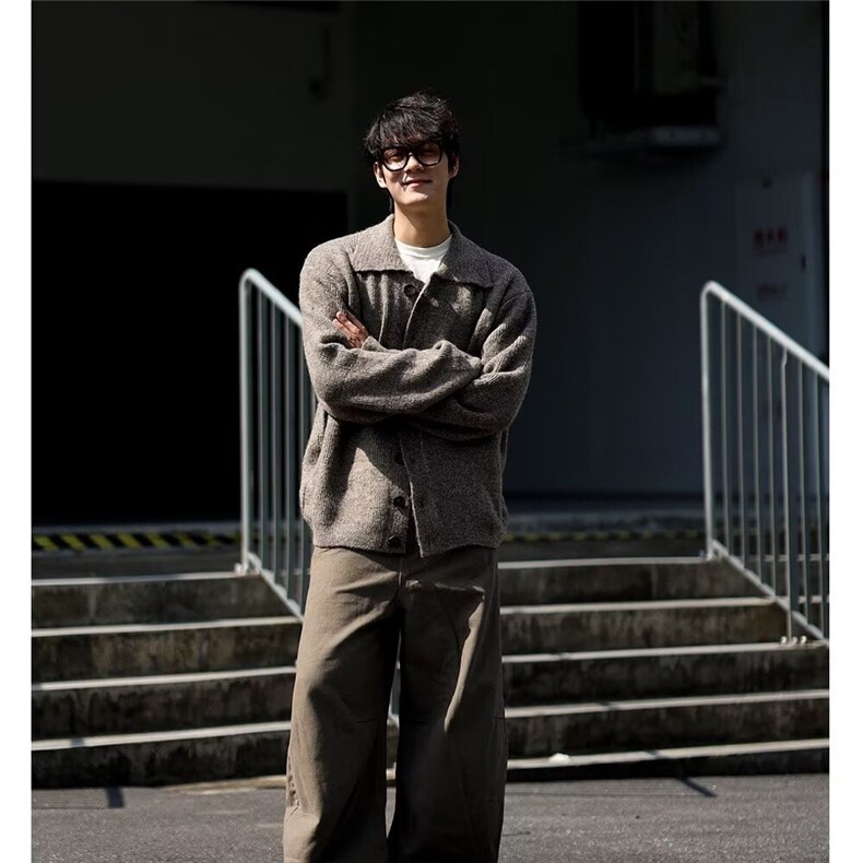 美式复古翻领开衫重磅毛衣冬季慵懒高级感休闲百搭针织衫上衣,男装针织衫/毛衣,星座506A