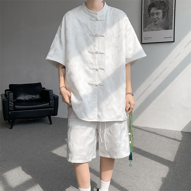 新中式轻国风套装男夏季冰丝薄款2025国潮提花盘扣衬衫短裤两件套，男装休闲套装，电商D232
