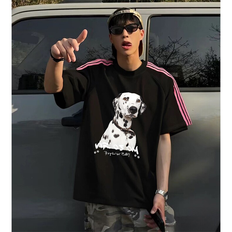 抖音得物品质二开240克宽松纯棉美式潮牌印花三条杠中性风短袖T恤，男装T恤，电商A486-1