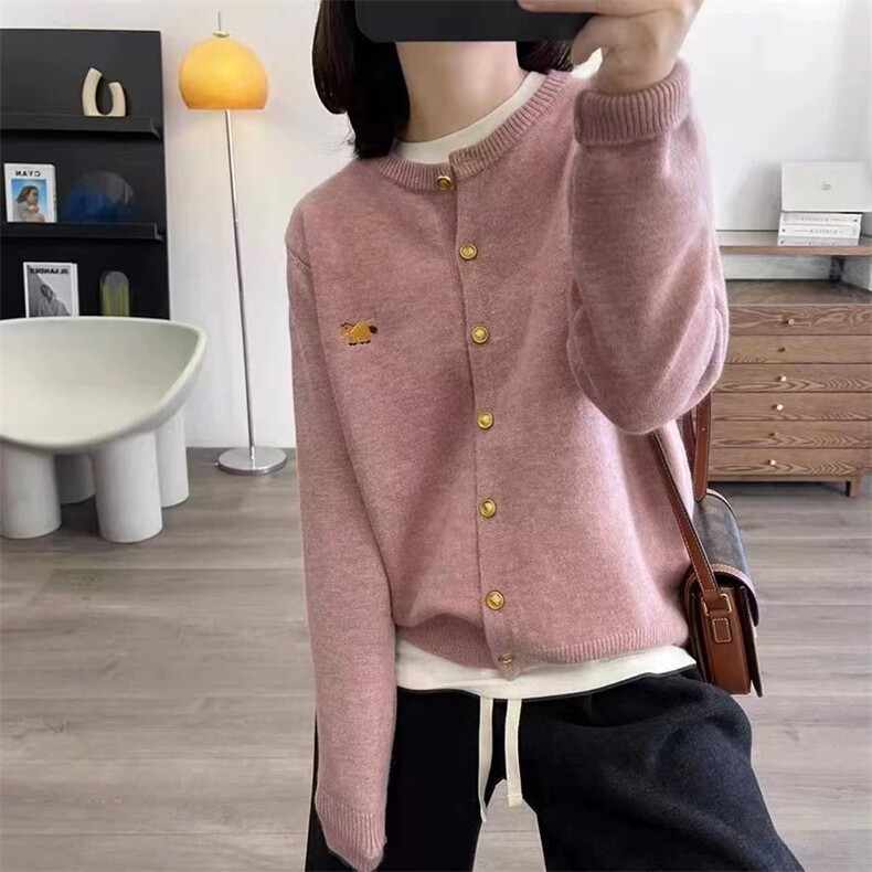澳洲美丽诺羊毛针织开衫女圆领宽松休闲百搭刺绣韩版小香风,针织衫/毛衣,雪真羊绒