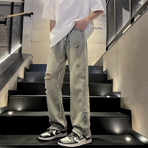 美式ins高街侧边拉链破洞牛仔裤712- N352 M-XXL P55图片