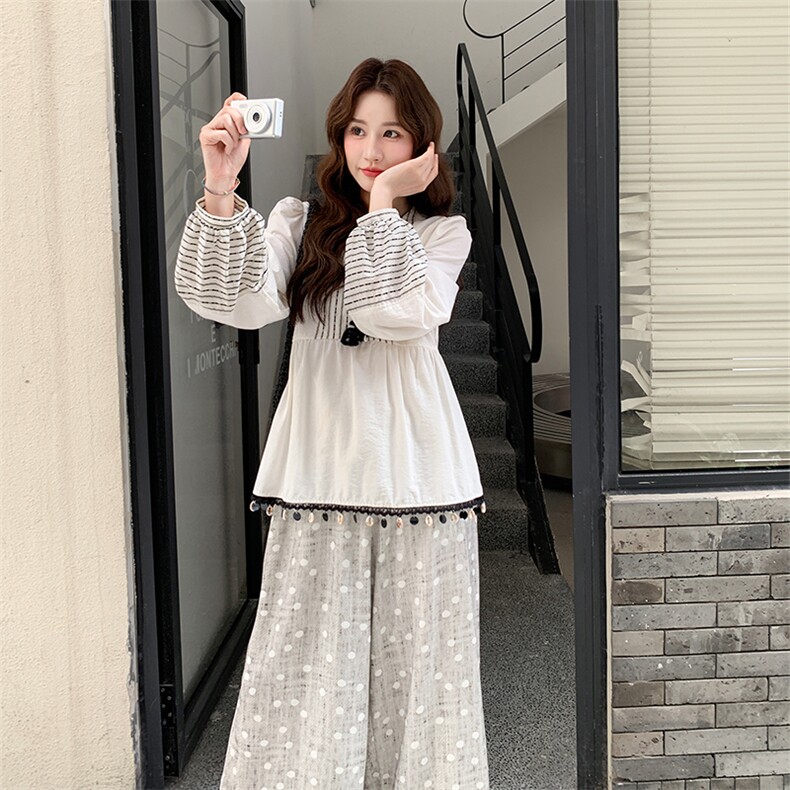 温柔系穿搭甜美流苏娃娃衫套装女秋2025新款显瘦波点阔腿裤两件套,女装套装/套裙,2C052