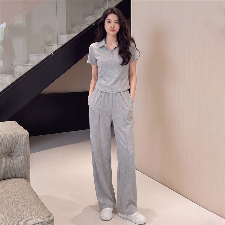 韩版时尚休闲运动套装女夏季新款显瘦气质翻领短袖卫衣长裤两件套，女装套装/套裙，江南