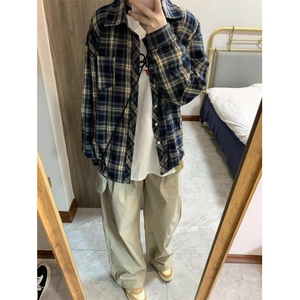 美式蓝色格子长袖衬衫男士衬衣内搭宽松休闲外套 C8208图片