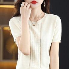 时尚百搭纯色短袖针织衫女夏季新款宽松显瘦圆领套头衫休闲上衣，女装针织衫/毛衣，秋双羊绒