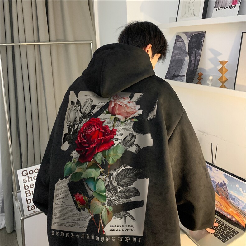 2026春季新款宽松玫瑰印花麂皮绒宽松连帽卫衣JK23389特批43-控69,男装卫衣,星座605(原A050)