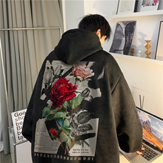 2026春季新款宽松玫瑰印花麂皮绒宽松连帽卫衣JK23389特批43-控69，男装卫衣，星座605(原A050)