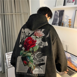 2026春季新款宽松玫瑰印花麂皮绒宽松连帽卫衣JK23389特批43-控69图片
