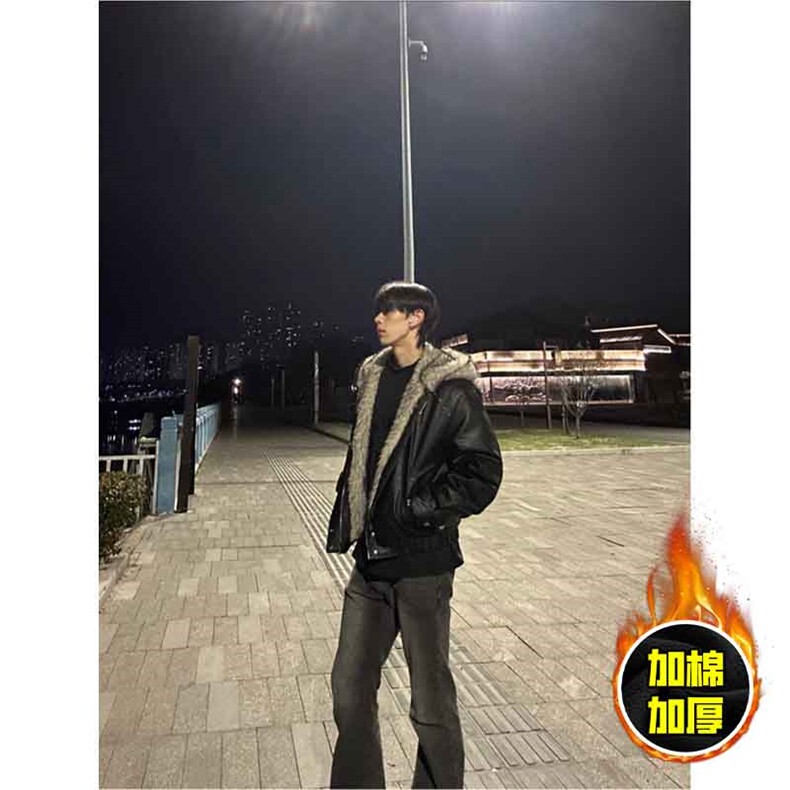 现货冬季美式潮牌痞帅PU皮机车服棉衣毛毛绒狼王座山雕皮棉服,男装棉衣,电商A486-1