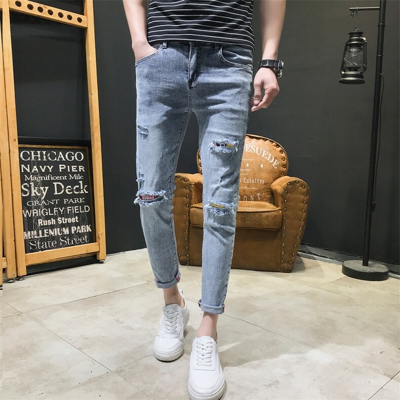 2021春夏新款弹力牛仔裤男破洞潮流修身小脚裤QT6027-M369图片