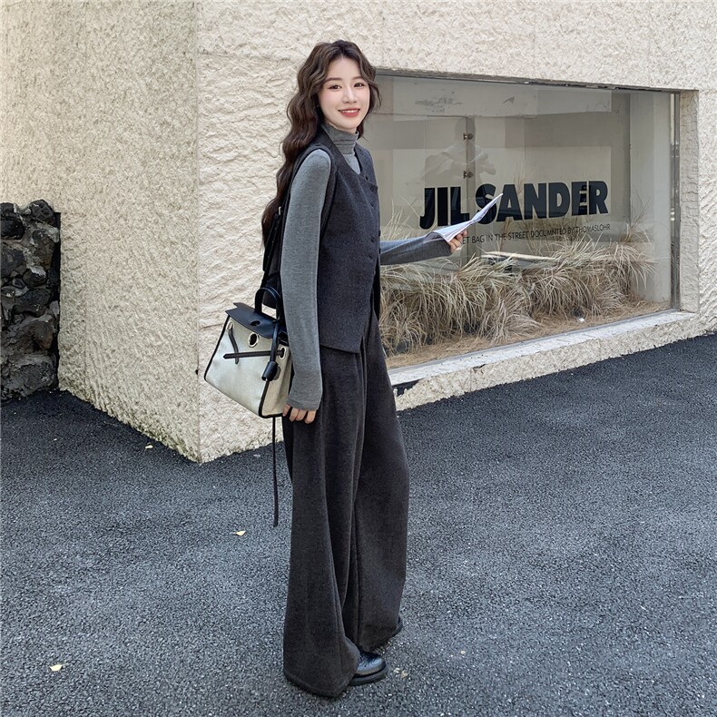 灰色韩系毛呢马甲阔腿裤打底衫三件套女秋冬2025新款chic气质套装,女装套装/套裙,2C111