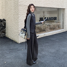 灰色韩系毛呢马甲阔腿裤打底衫三件套女秋冬2025新款chic气质套装，女装套装/套裙，2C111