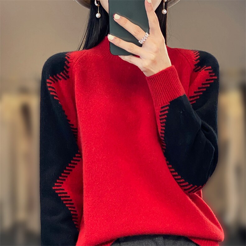 25秋冬新款100%纯羊毛衫女半高领宽松拼色套头针织毛衣羊绒打底衫,女装羊毛衫,琳尚羊绒