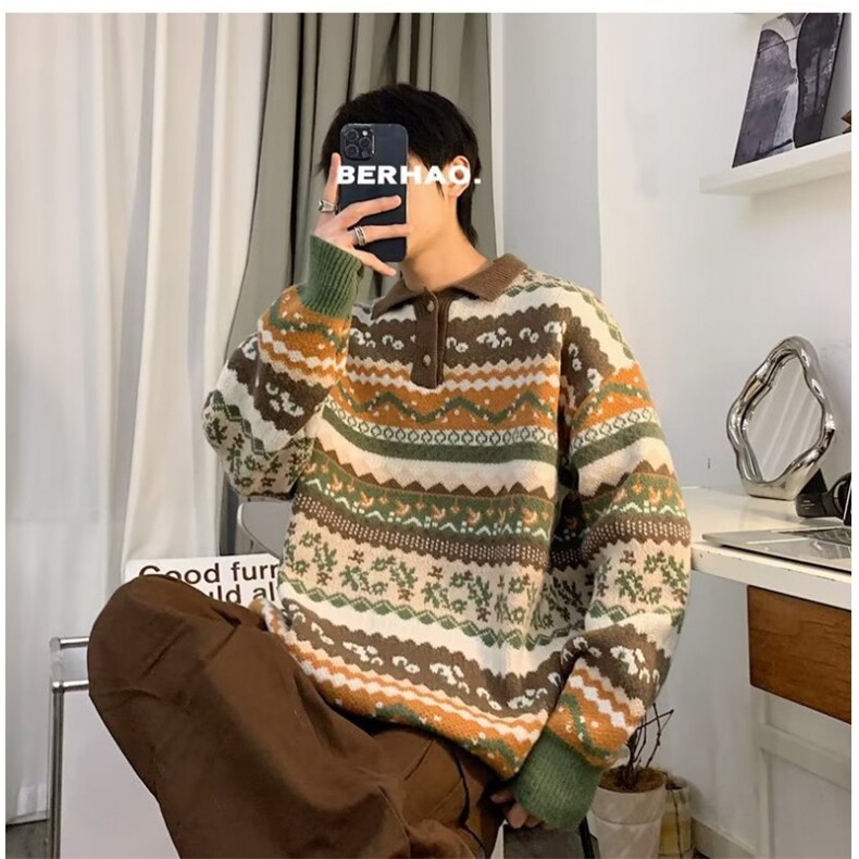毛衣男冬季潮牌套头加厚打底针织衫复古拼接保暖宽松线M3118-P60,男装针织衫/毛衣,星座1109-3