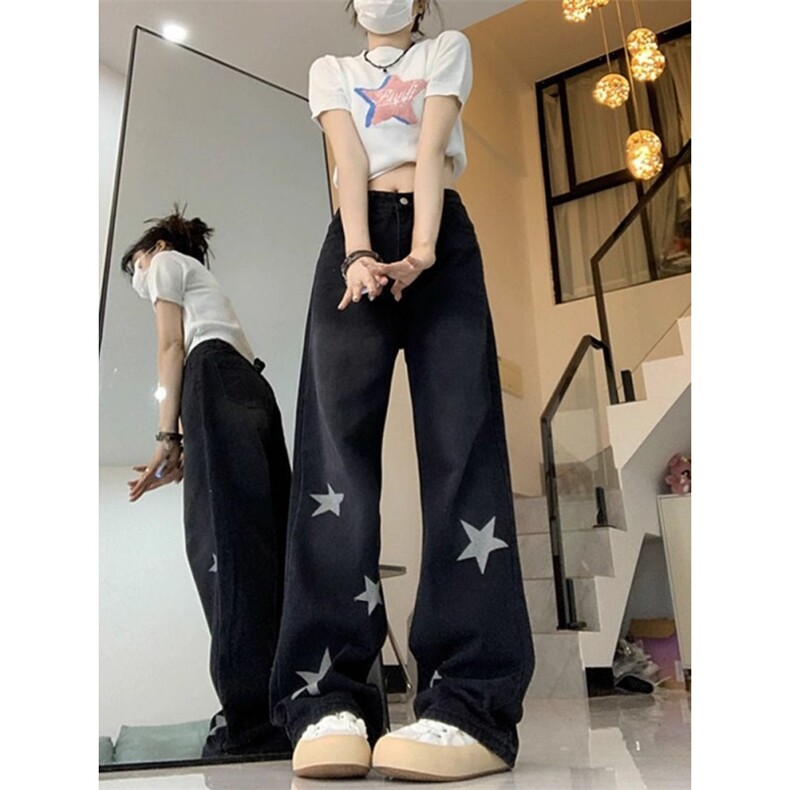AK2487-P65冬季加绒加厚黑色星星牛仔裤百搭修身显瘦美式阔腿裤,女装休闲裤,星座617A-2