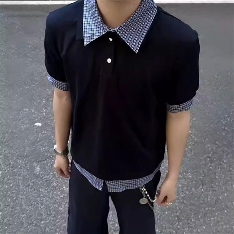 假两件拼接格纹polo领短袖衬衫男女夏季美式学院风T恤TCS262,男装T恤,星座208-5