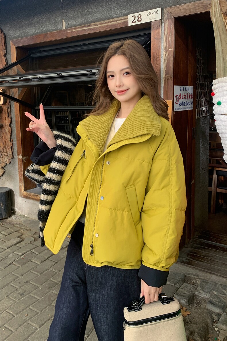 黄色韩系针织拼接羽绒服女2025冬季新款小个子宽松保暖白鸭绒外套,女装羽绒服,2B113