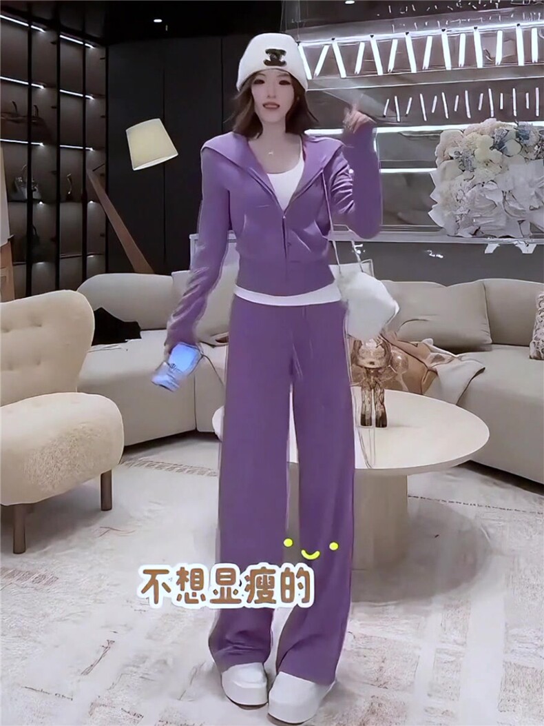 休闲时尚减龄套装女春季新款宽松显瘦纯色连帽卫衣阔腿长裤两件套,女装套装/套裙,江南