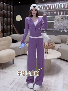 休闲时尚减龄套装女春季新款宽松显瘦纯色连帽卫衣阔腿长裤两件套图片