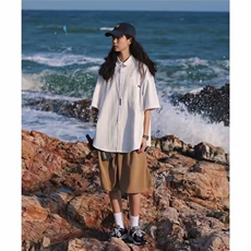 衬衫男短袖夏季日系百搭纯色五分袖衬衣薄款潮流宽松翻领外套，男装T恤，星座506A