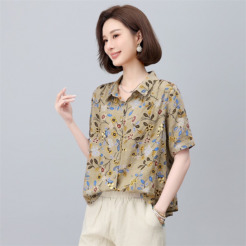 棉麻印花短袖薄款衬衫女2025年夏季新款小个子宽松妈妈遮肚子上衣,女装衬衫,依恋蒂丝