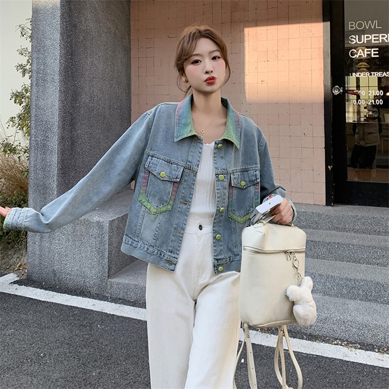 促销2025春季时髦休闲潮流气质宽松百搭彩色翻领单排扣牛仔短外套，女装牛仔外套，蝶眷