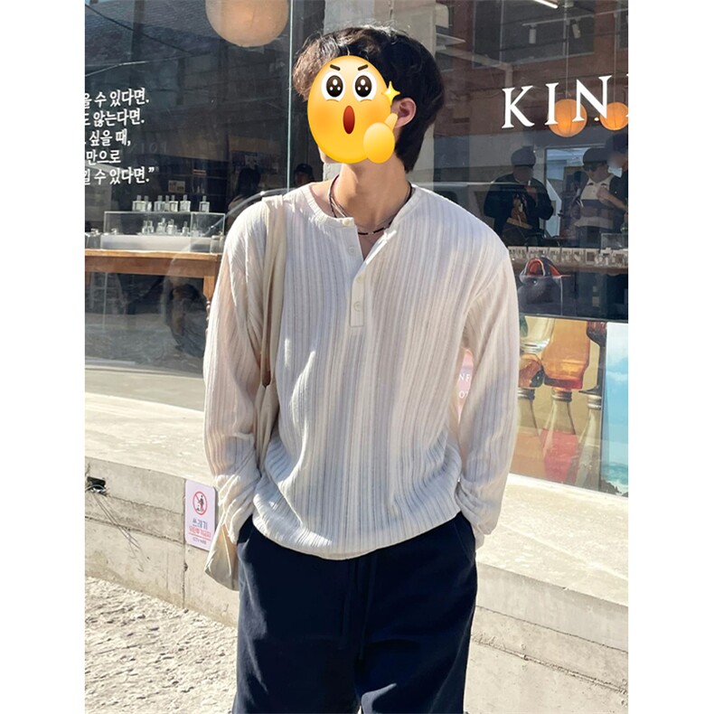 (网图慎用）条纹老钱风肌理感亨利领大码T恤男T24511-特P35控68图片