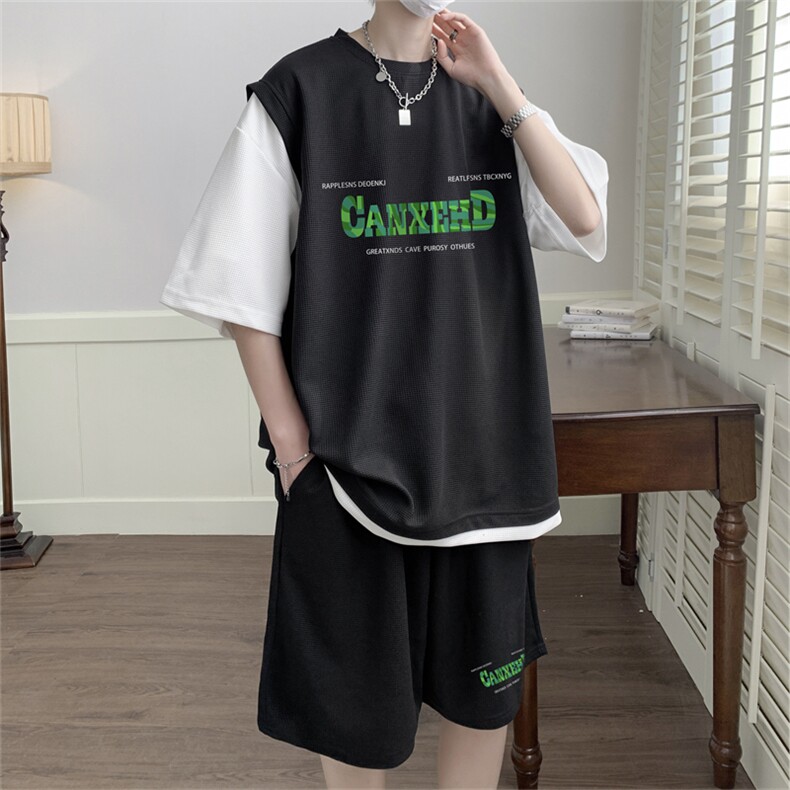 华夫格套装潮流休闲短袖短裤两件套FTZ3055-P55控78，男装休闲套装，电商B370