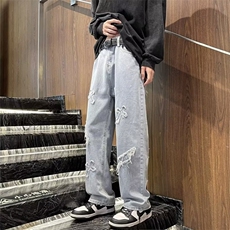 牛仔裤男春秋潮牌贴布直筒裤美式嘻哈街头阔腿长裤子NK548，男装牛仔裤，星座1116A-1（原606A）