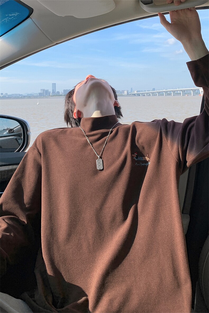 美式复古腊肠狗刺绣舒适德绒半高领宽松长袖T恤男T5402-特P20控38,男装T恤,电商A001