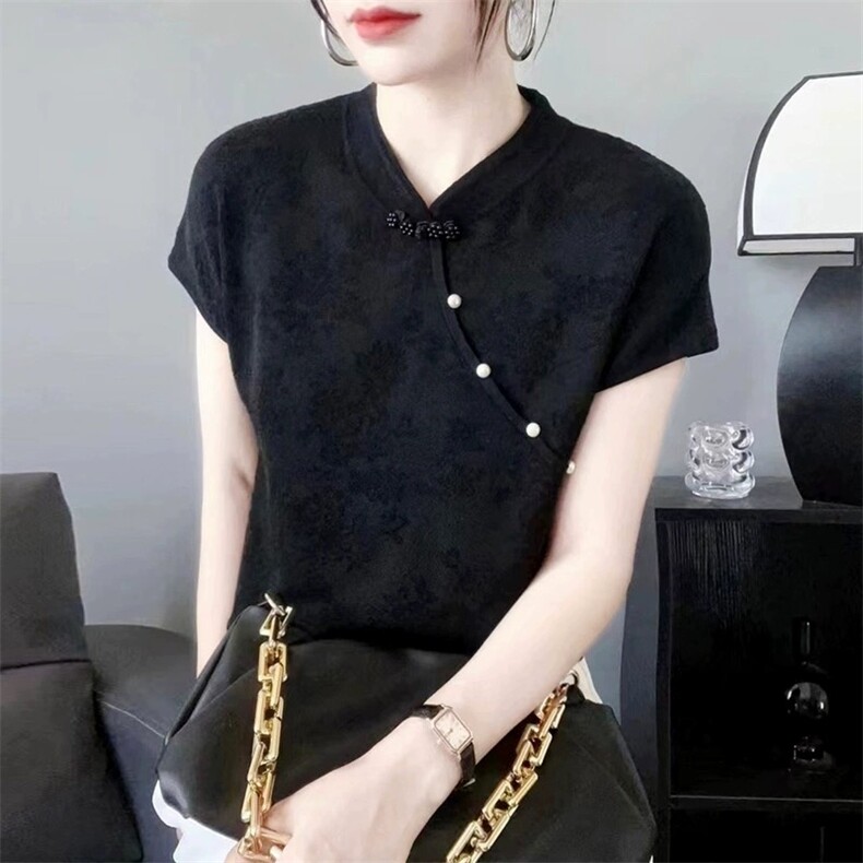 中式复古盘扣薄款天丝短袖T恤女夏季宽松提花,针织衫/毛衣,圣旺供货