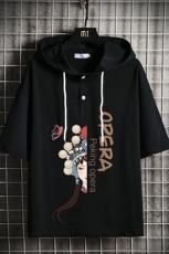 LD54161-P45连帽短袖t恤男大码胖子带帽五分袖中袖网格挂拍，男装T恤，电商A040A