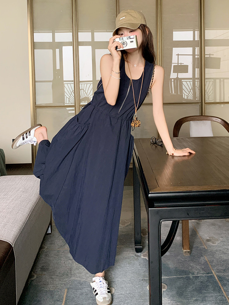 深蓝色圆领无袖连衣裙女2025夏季新款韩系设计感气质显瘦背心长裙,女装连衣裙,浙宝220