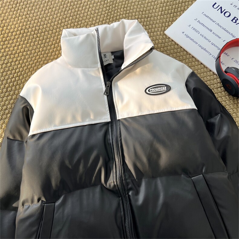 pu皮拼接面包服棉服情侣冬季加厚棉衣加厚外套MY266特P95控158,男装皮衣,电商B370