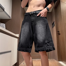 男士牛仔裤夏季薄款美式复古高街潮牌五分裤宽松直筒休闲水洗中裤，男装牛仔裤，星座1013