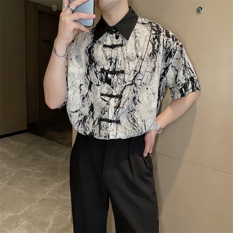 新中式风盘扣扎染短袖衬衫男夏季复古冰丝网红衬衣风CS859P58,男装衬衫,电商B267